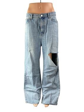 12th Tribe Women's Blue Distressed High Waist Baggy Wide Leg Denim Jeans Pants L